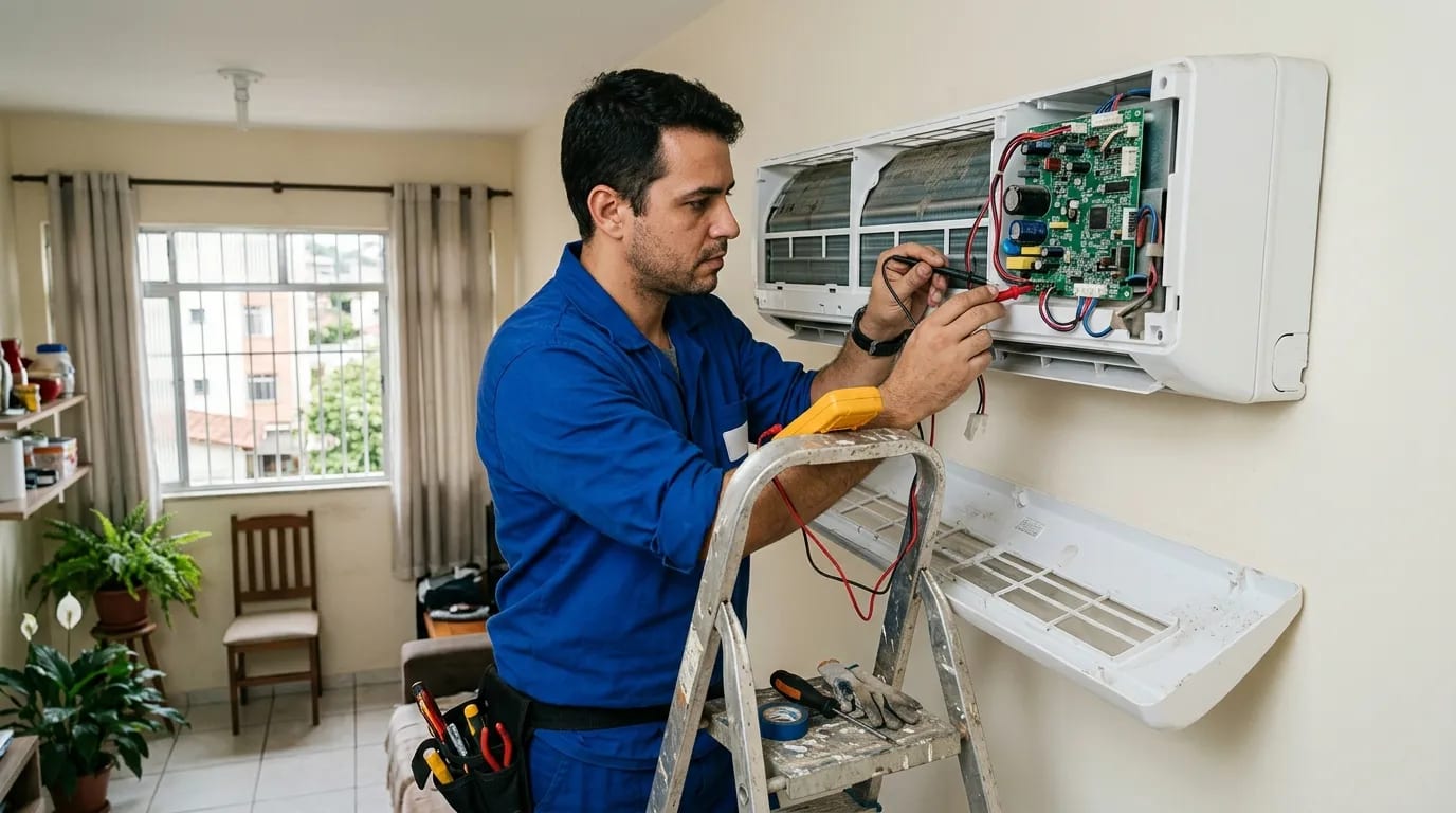 Eletricista ligando a placa do ar-condicionado split em Curitiba‑PR